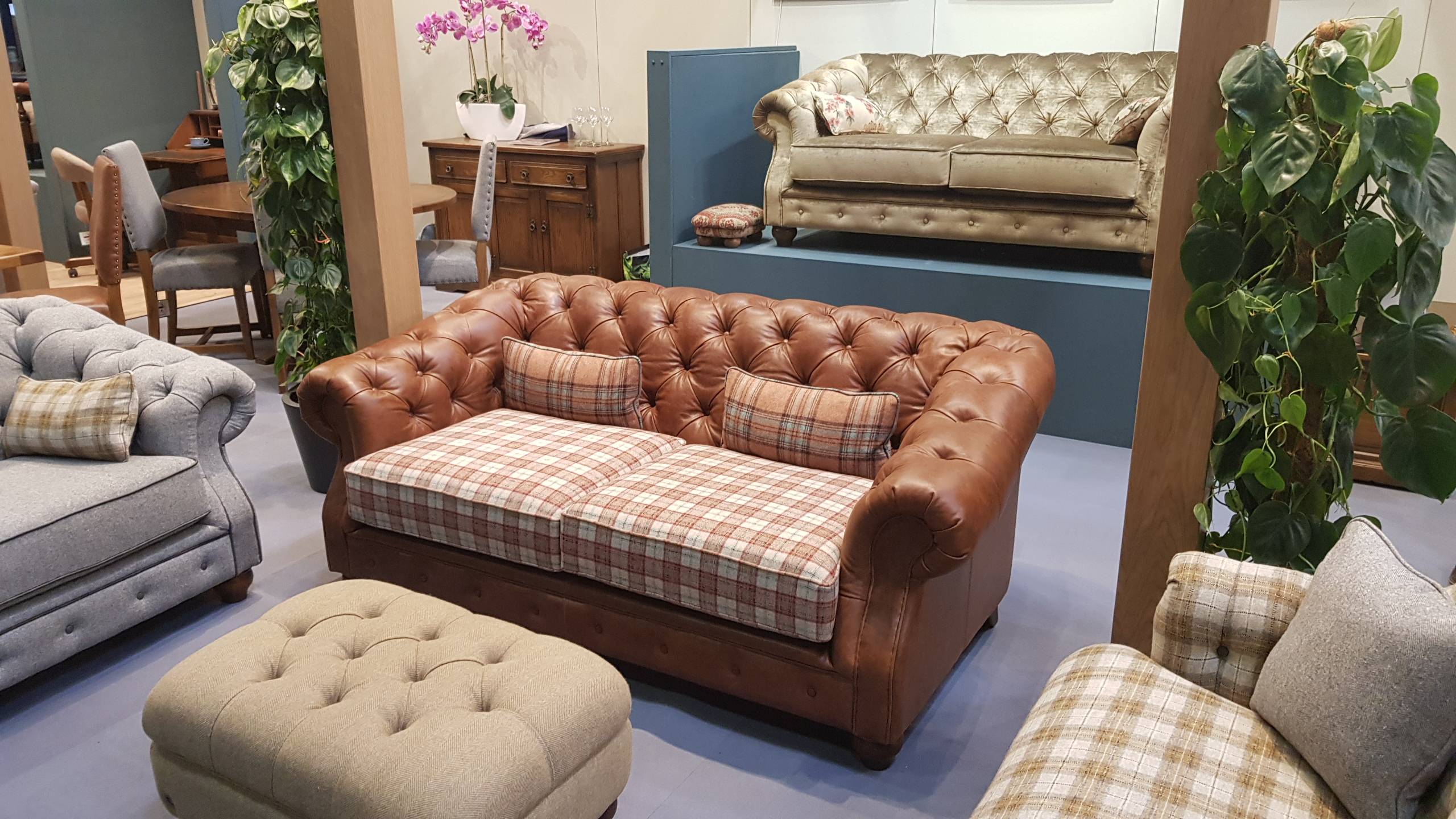 Wood Bros sofa upholstered in Yarwood Leather Mustang Tan