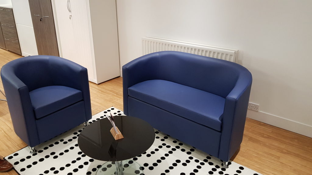 Lux Chair and Sofa workplace seating from Sven upholstered in Yarwood Leather's Style Trafalgar