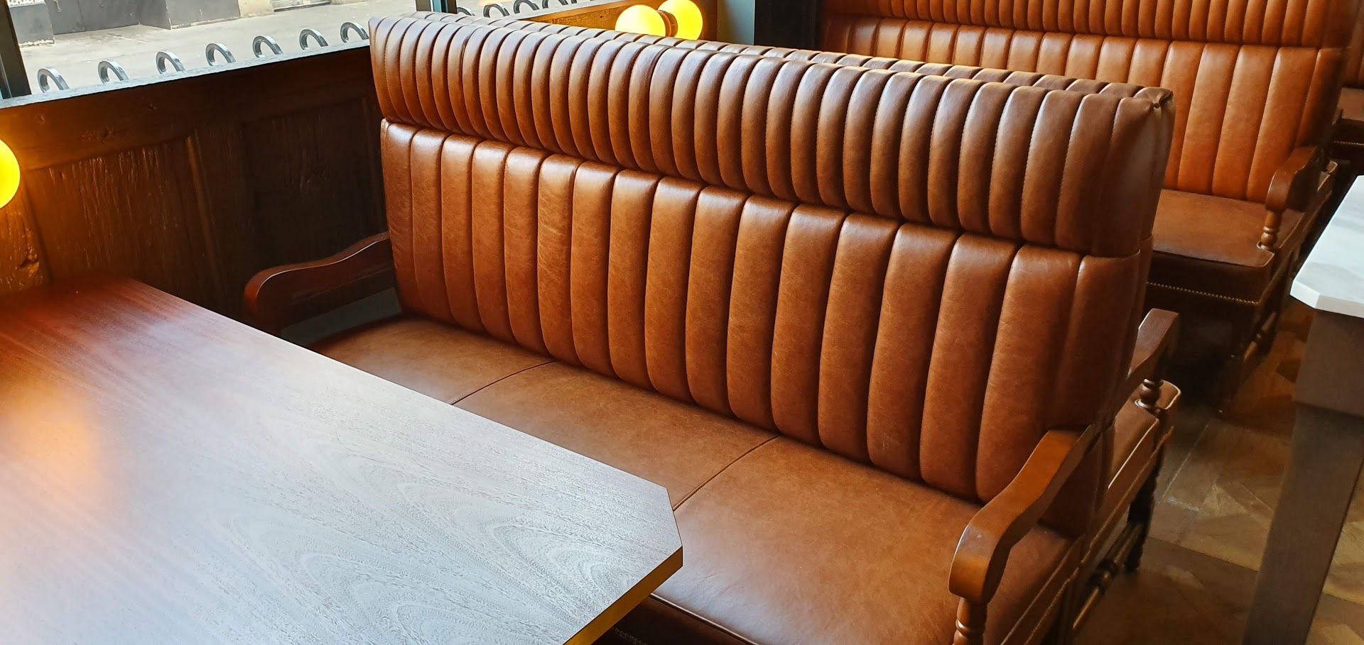 The Cloth Ear, Belfast, BPR Seating upholstered in Yarwood Leather Mustang Rust