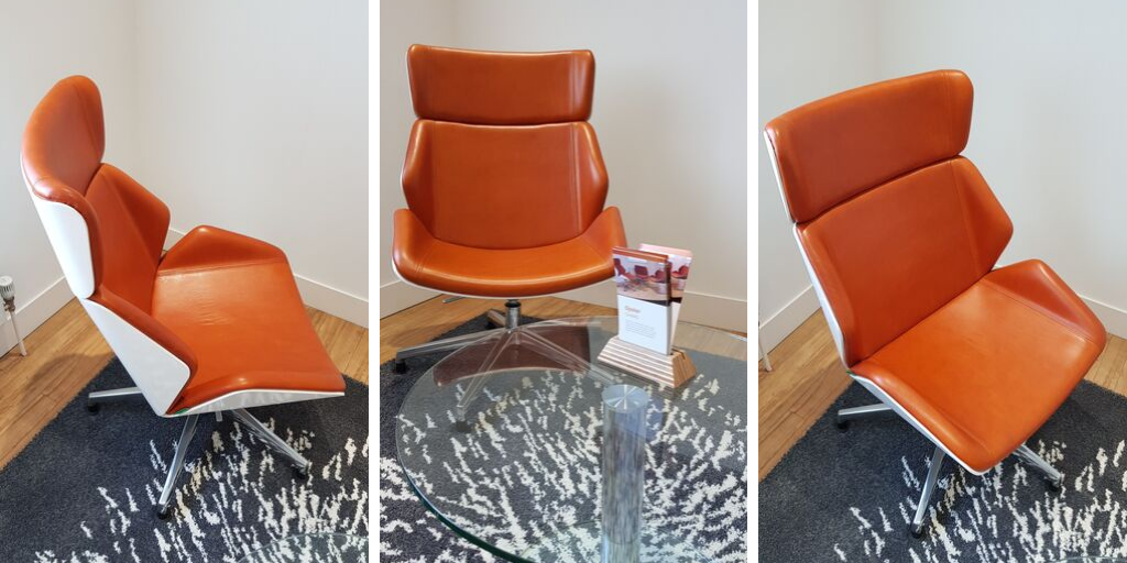 Office seating from Sven upholstered in Yarwood Leather's Mustang Pumpkin
