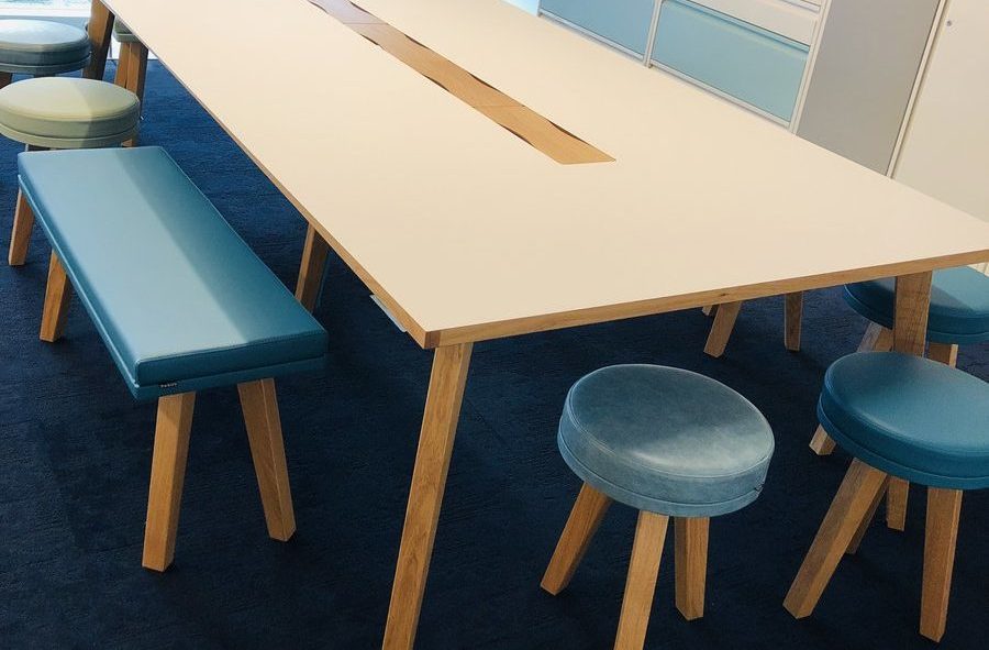 Yarwood Leather's Style Soft Jade, Mustang Lagoon and Dollaro Teal on Verco Martin bench and Stools